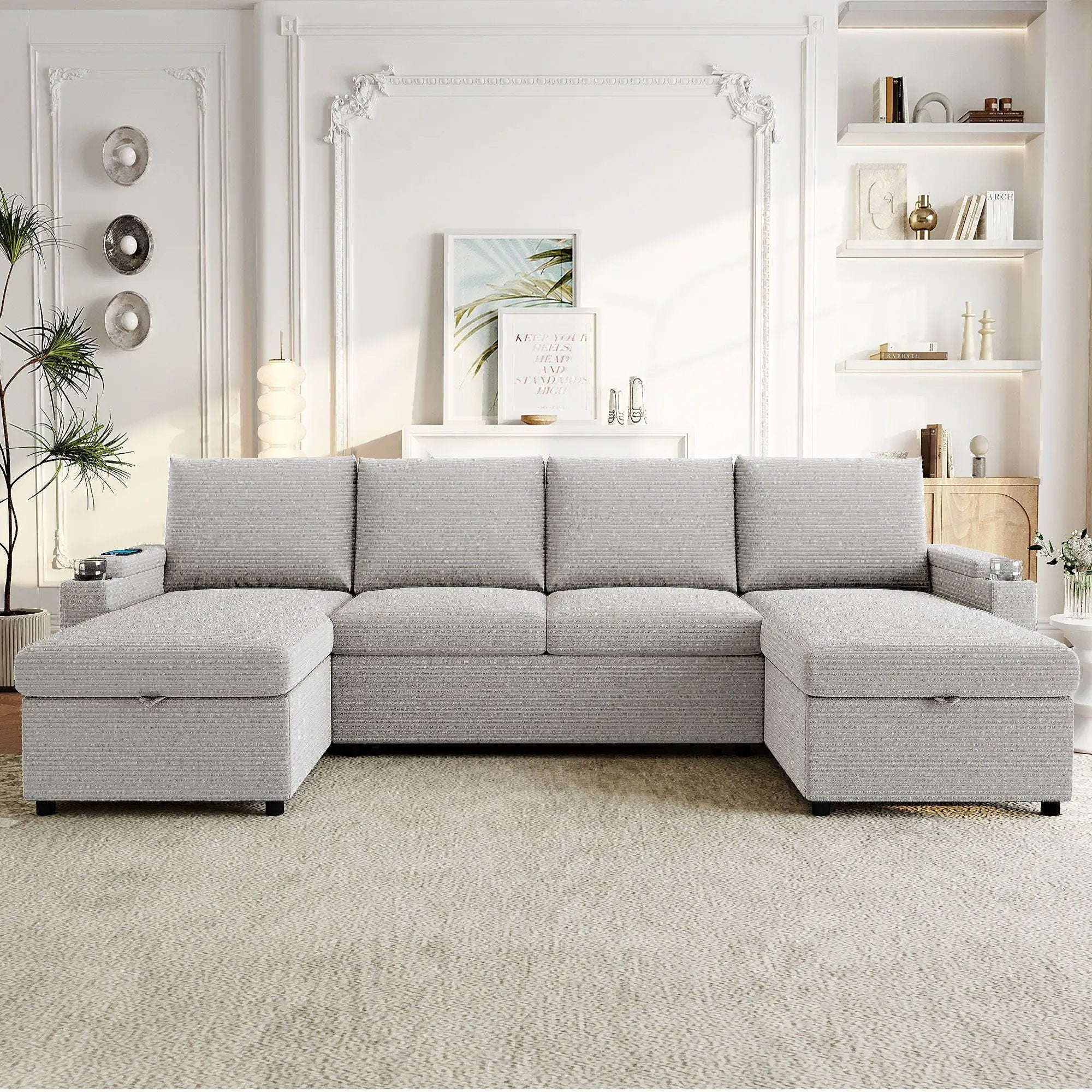 U Shaped Sectional Sofa Bed With Storage Chaise Lounges, USB Ports, And Cup Holders by HouseOfZazla