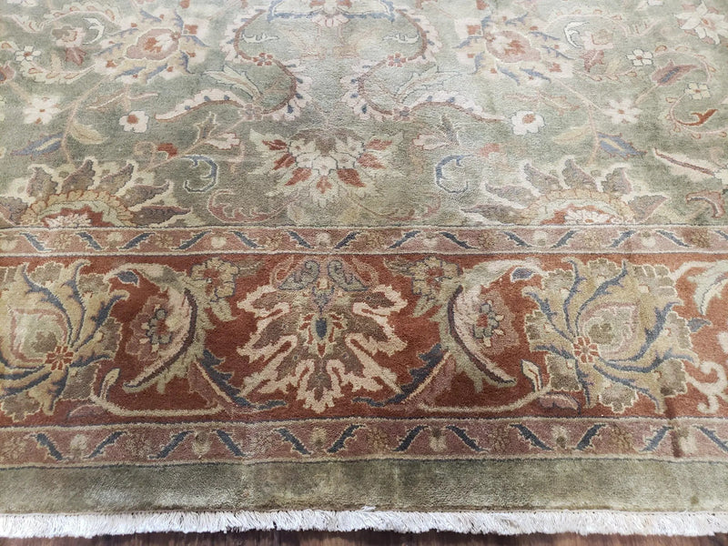 Green Indo Mahal Area Rug 9x12, Wool Hand-Knotted Carpet by Jewel Rugs
