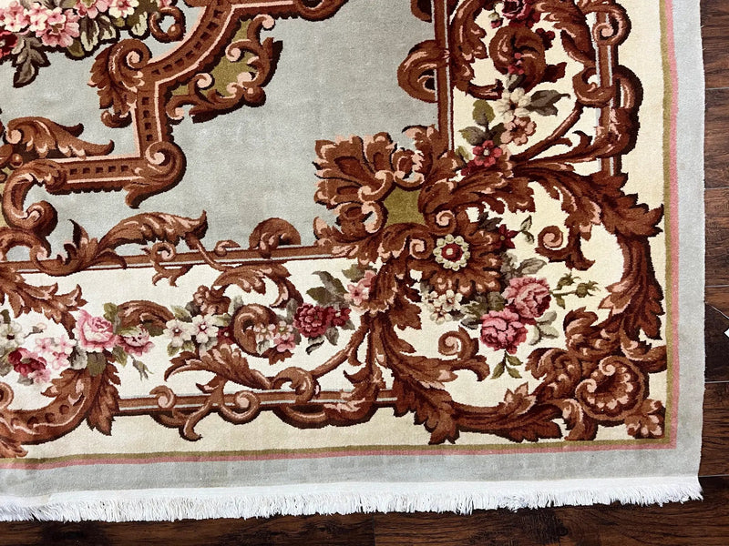 Aubusson Rug 10x13, Cream and Light Mint Green Hand Knotted Handmade French Savonnerie European Carpet, Wool Pile, Large Room Sized Vintage by Jewel Rugs