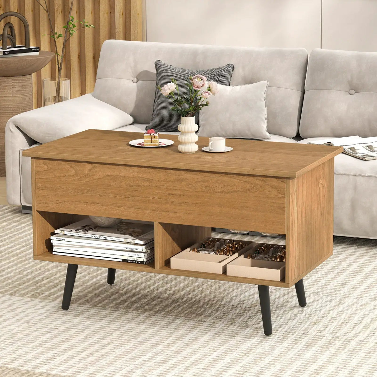 31.5 Inch Lift-Top Coffee Table with Hidden Storage and 2 Open Shelves, photo 4 of 40