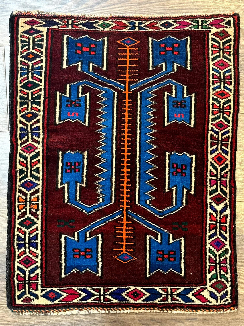 Persian Tribal Rug 1.8 x 2, Small Balouchi Rug, Unique Design, Burgundy and Blue by Jewel Rugs