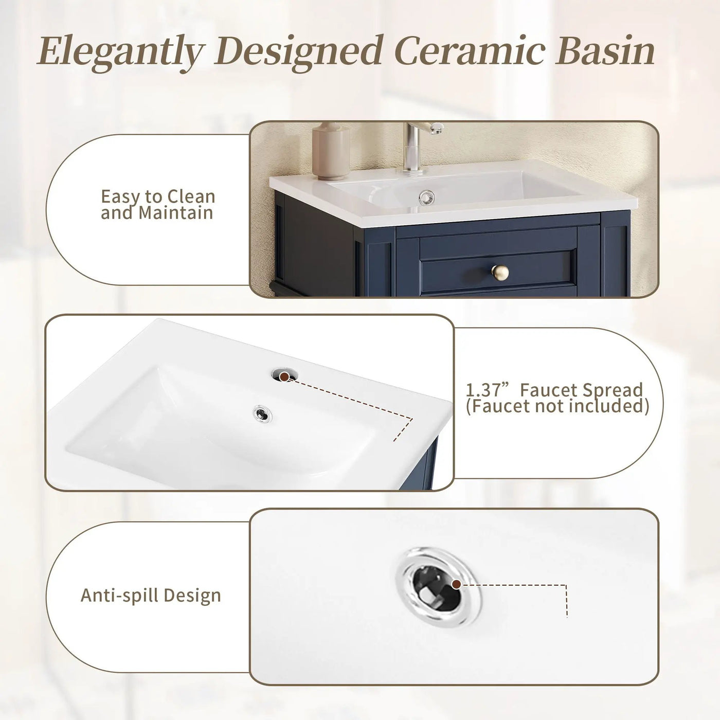 French Style Bathroom Vanity With Sink, Soft-Closing Door, Adjustable Shelf, Rectangular Design by Unique Piece Furniture
