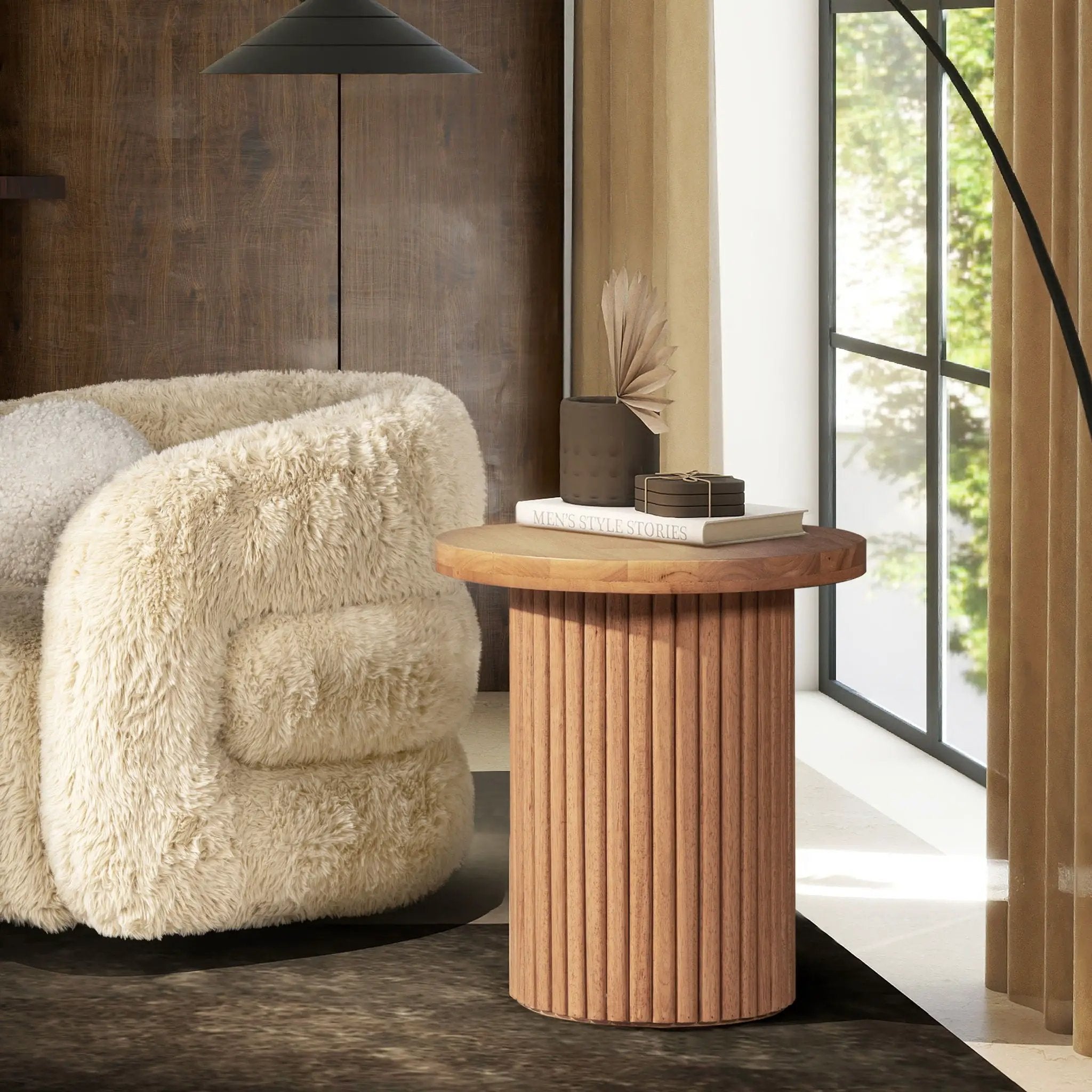 Kenzie - Fluted Pillar Round Accent Side Table - Light Natural Brown by Unique Piece Furniture