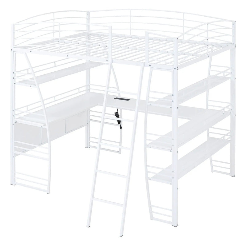 Loft Bed With 4 Layers Of Shelves And L-Shaped Desk, Stylish Metal Frame Bed With A Set Of Sockets, USB Ports And And Wireless Charging by HouseOfZazla