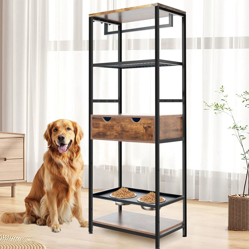 Dog Feeding Station, 3 Height Adjustable Raised Dog Bowls, Dog Feeder Station For Large Medium Dogs Cats, Dog Storage With Shelves - Black / Dark Brown by Unique Piece Furniture