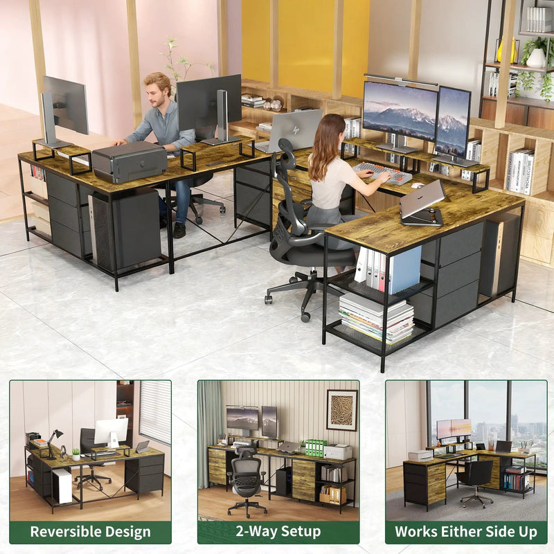Industrial L Shaped Computer Desk With Power Outlets & USB-C, 6 Fabric Drawers, 3 Open Shelves, Movable Monitor Stands - Brown by HouseOfZazla