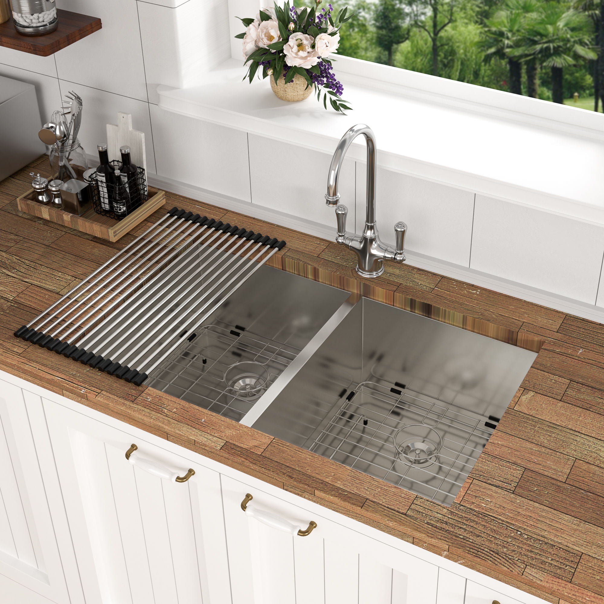 Undermount Double Bowl Kitchen Sink 16 Gauge With 9" Deep Basin - Brushed Nickel by HouseOfZazla