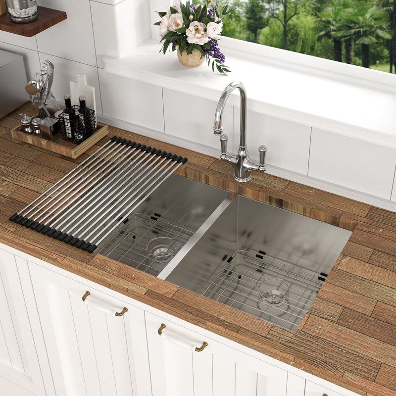 Undermount Double Bowl Kitchen Sink 16 Gauge With 9" Deep Basin - Brushed Nickel by HouseOfZazla