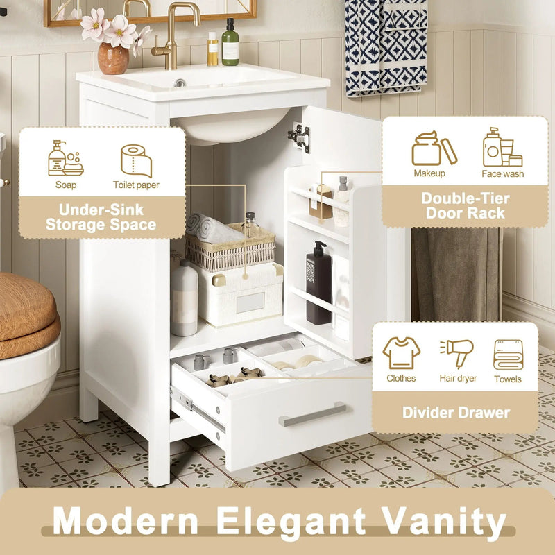 Bathroom Vanity With Ceramic Sink, Soft Close Drawers, Door Organizer, Divider Drawer, Adjustable Foot Pads by HouseOfZazla