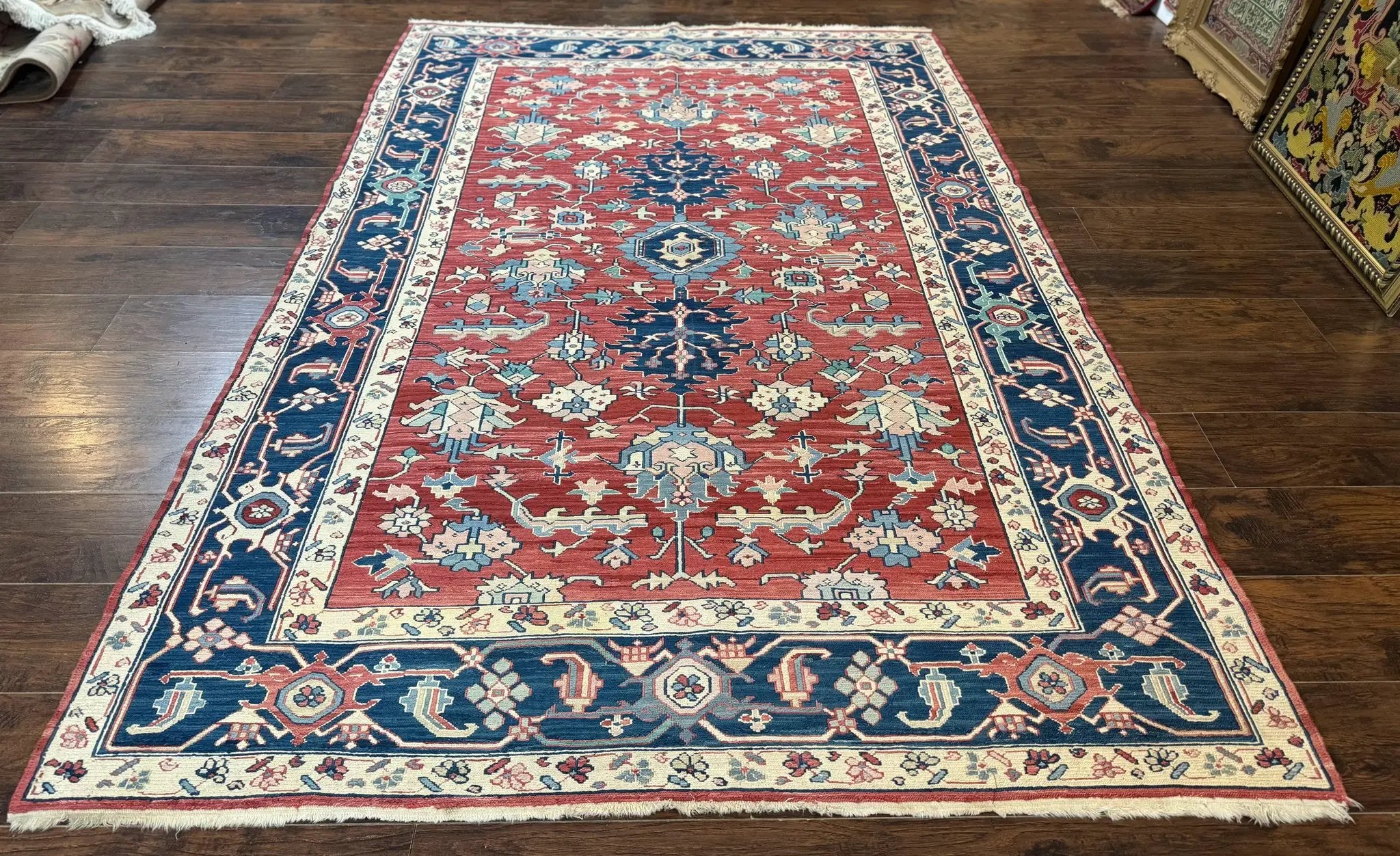 Turkish Flatweave Rug 6x9, Heriz Design, Red and Blue by Jewel Rugs