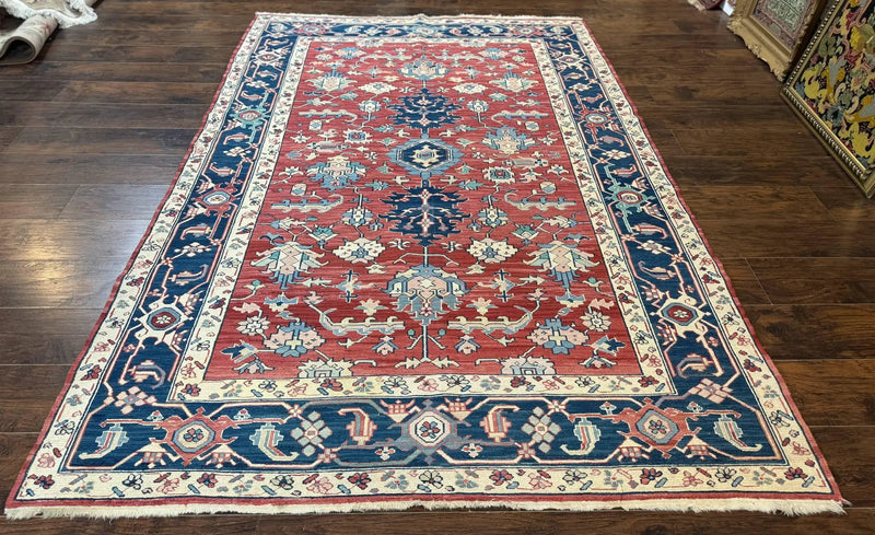 Turkish Flatweave Rug 6x9, Heriz Design, Red and Blue by Jewel Rugs