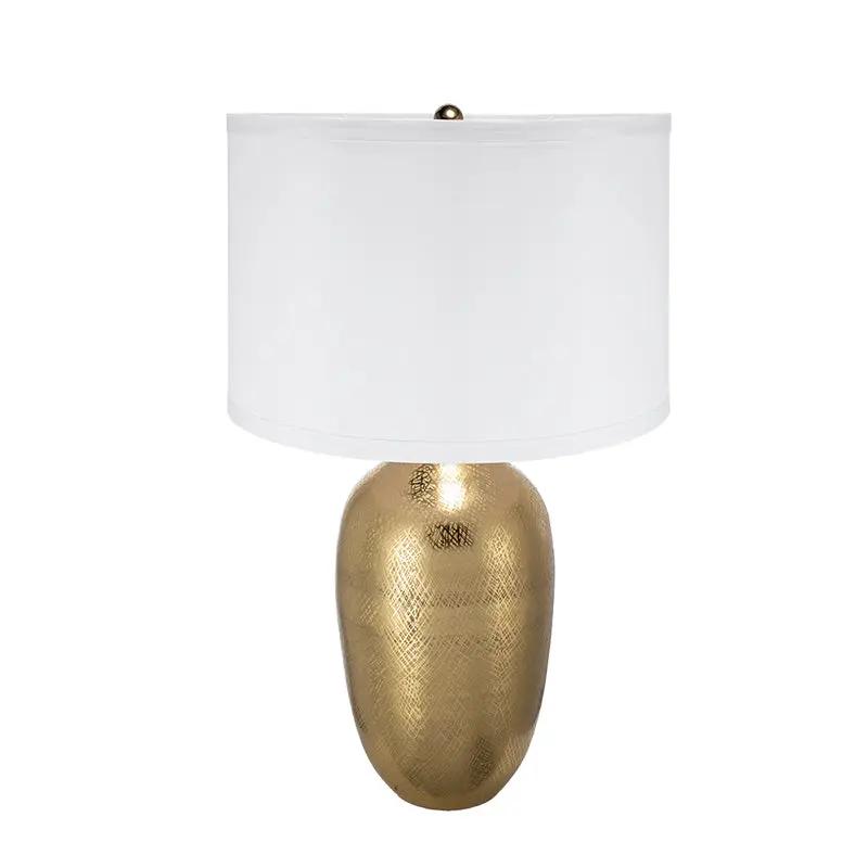 D15x25.7' Round Aluminum Sheet Gold Table Lamp with White Fabric Shade by HouseOfZazla