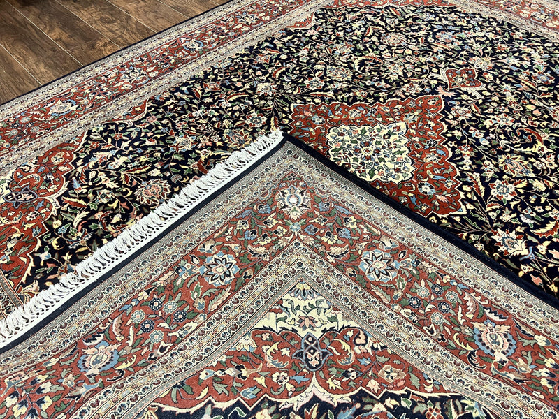 Indo Persian Rug 8x10, Floral Medallion, Vintage Handmade Wool Carpet, Navy Blue and Red, Fine 300 KPSI by Jewel Rugs