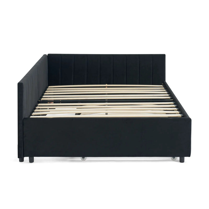 Full Size Upholstered Daybed With Trundle, Tufted Backrest And Armrests - Black