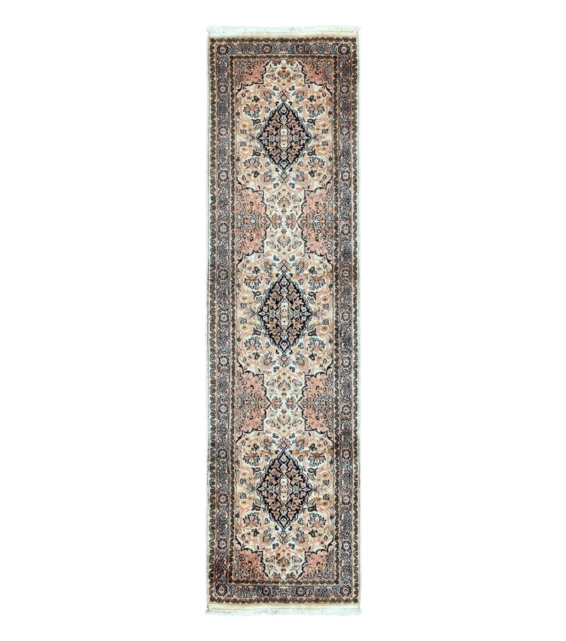 Silk Indian Kashmiri Runner Rug 2.7 x 9.8, Floral Medallions by Jewel Rugs