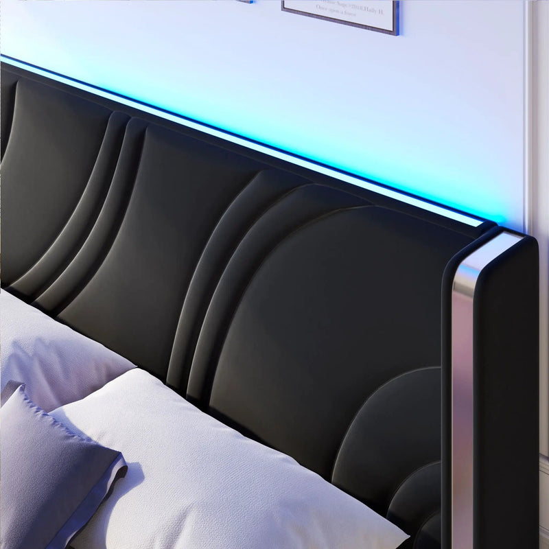 Modern Upholstered LED Bed Frame With Storage Drawers, Wingback Headboard, RGB Light