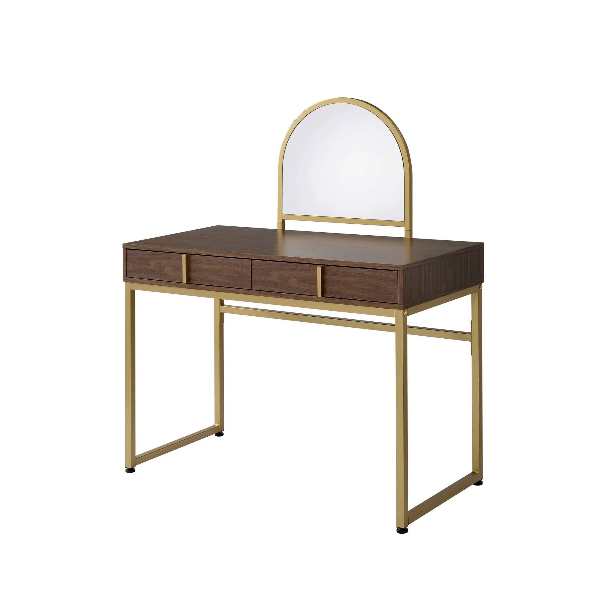 Coleen Walnut & Gold Finish Vanity Desk with Mirror & Jewelry Tray by HouseOfZazla