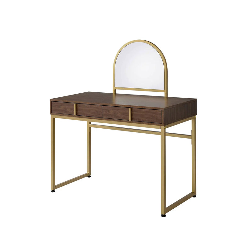 Coleen Walnut & Gold Finish Vanity Desk with Mirror & Jewelry Tray by HouseOfZazla