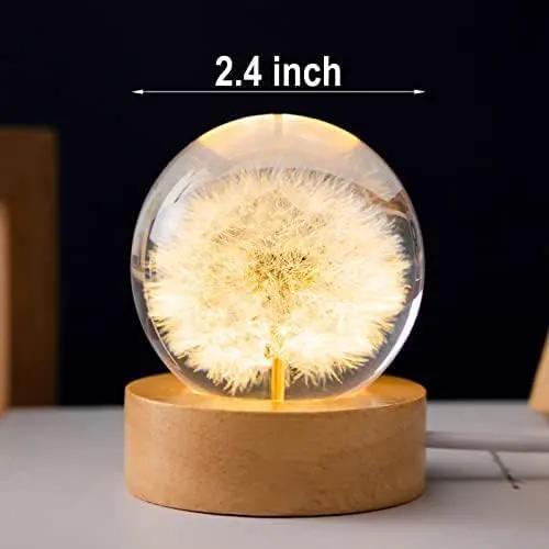 Flower Crystal Ball Night Light,2.4 inch Glass Ball Night Lamp with Woodern Base (Red Daisy) by GreenHaven Gardens