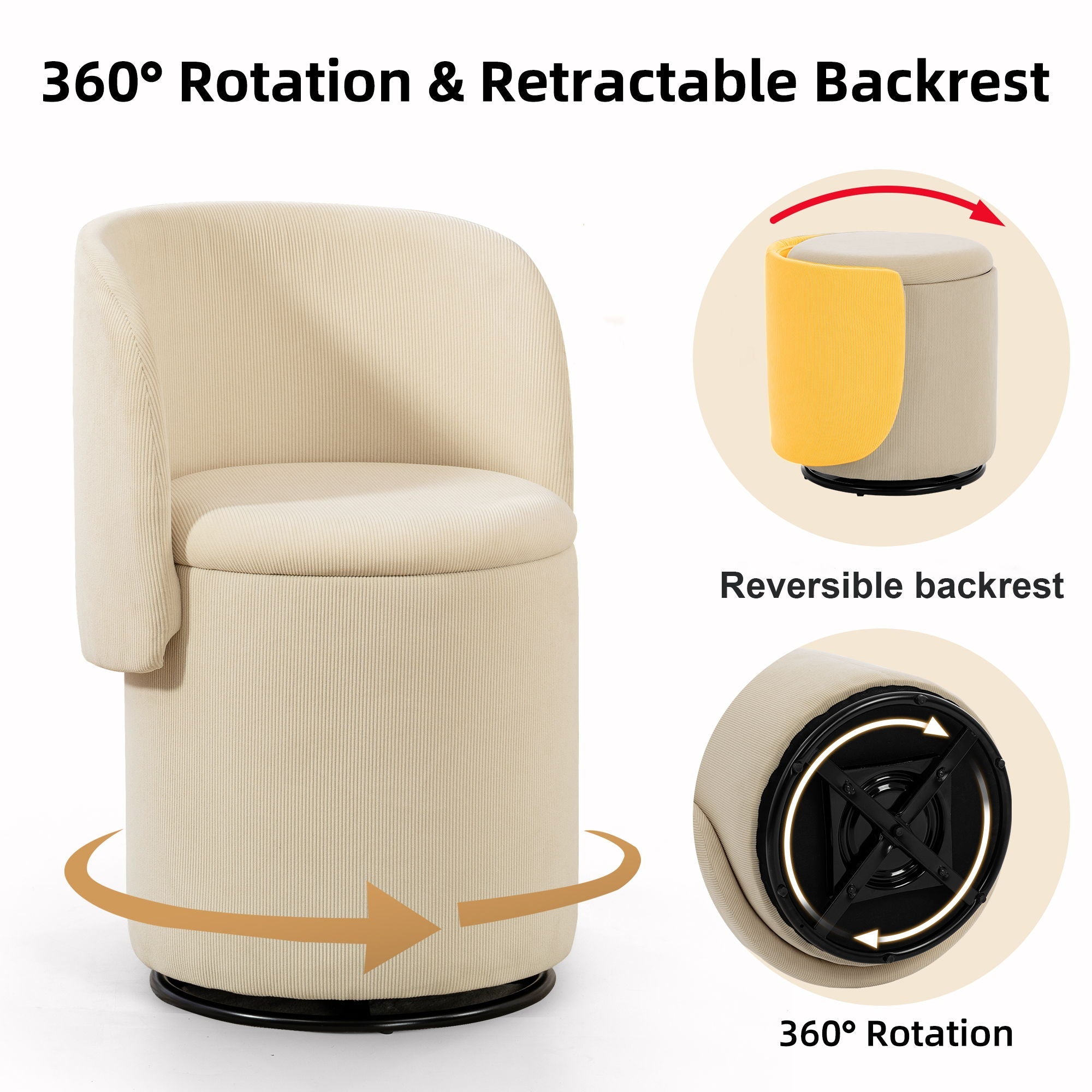 Barrel Chair, Built In Storage, 360° Swivel - Beige by HouseOfZazla