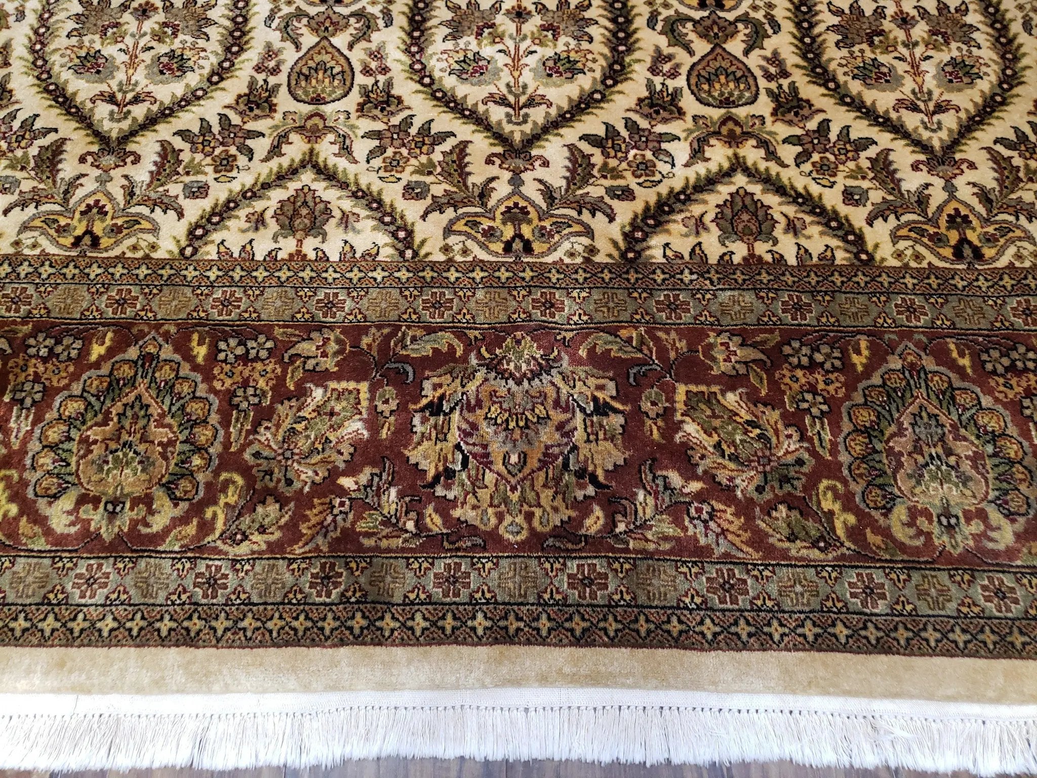 Vintage Indo Persian Area Rug 9x12, Wool Hand-Knotted Ivory & Dark Red Oriental Carpet, Fine Weave 9 x 12 Indian Rug, Dining Room Rug by Jewel Rugs