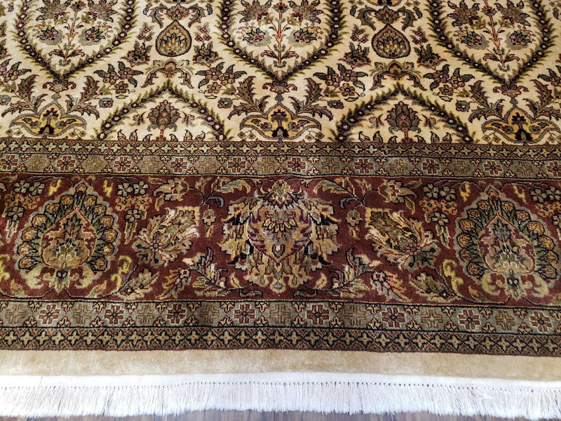 Vintage Indo Persian Area Rug 9x12, Wool Hand-Knotted Ivory & Dark Red Oriental Carpet, Fine Weave 9 x 12 Indian Rug, Dining Room Rug by Jewel Rugs