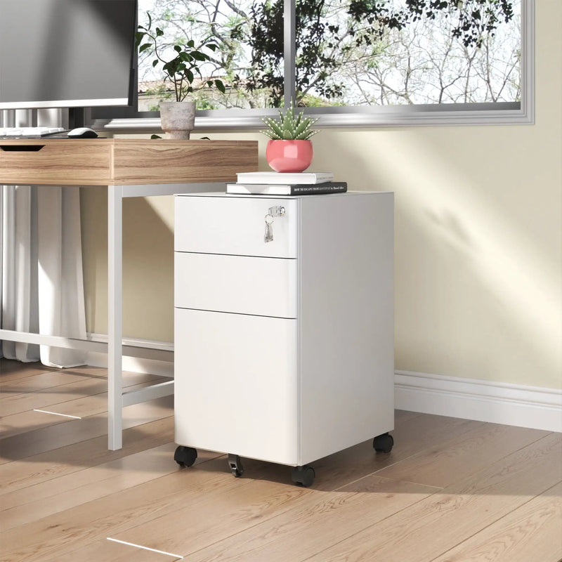 3-Drawer Mobile File Cabinet With Lock, On Wheels, Two Shallow & One Deep Drawer For Office/Home, Fully Assembled - White by Unique Piece Furniture