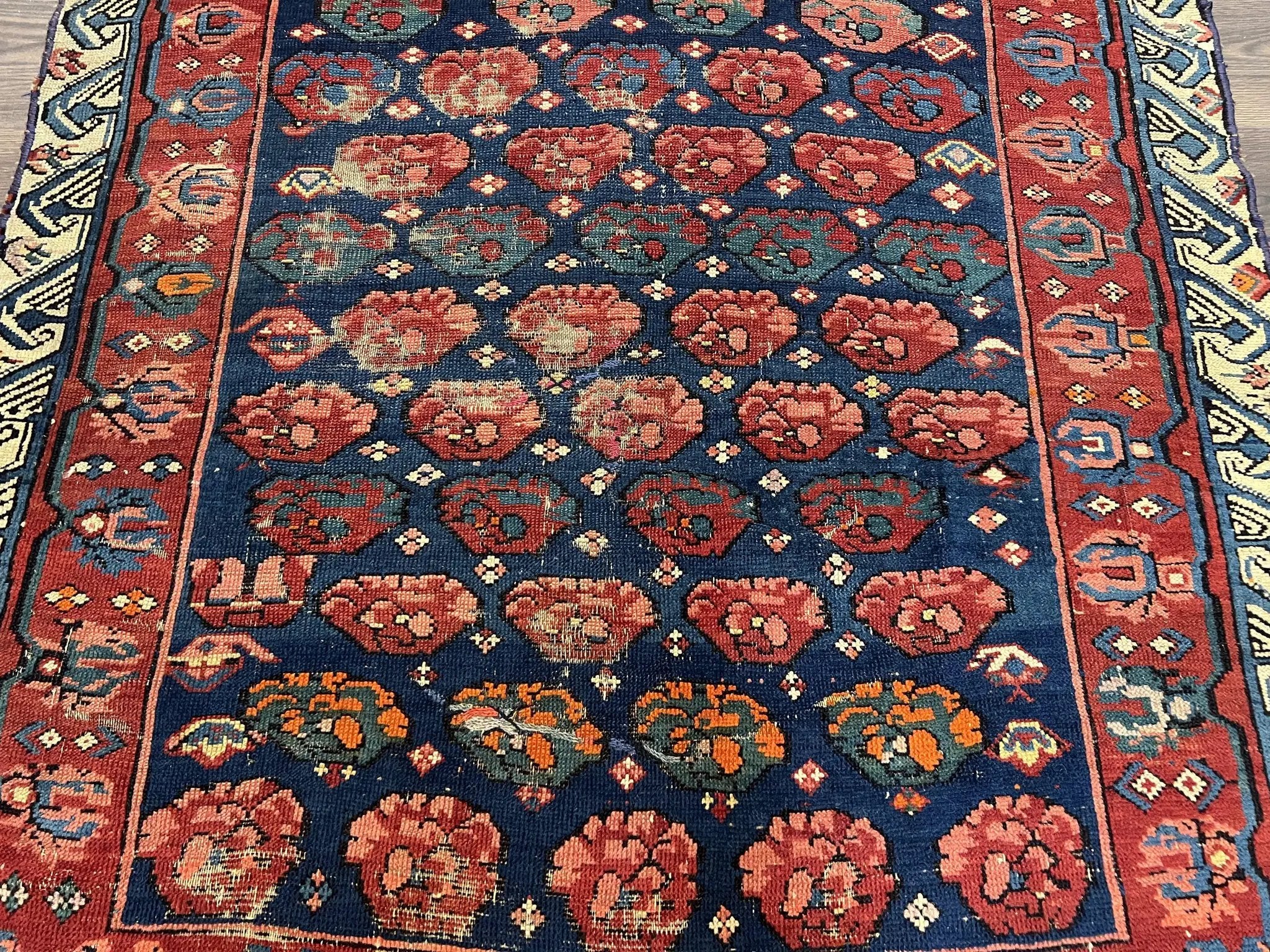 Antique Seychour Rug 4x7, Collectible Kuba Caucasian Carpet, Wool Handmade, Red Navy Blue Cream, Repeated Allover Motif, Early 20th Century by Jewel Rugs