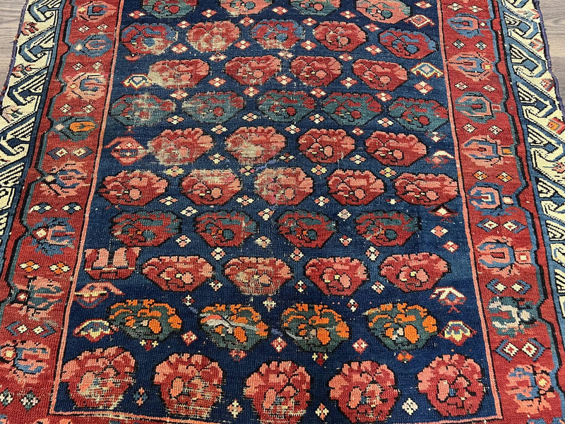 Antique Seychour Rug 4x7, Collectible Kuba Caucasian Carpet, Wool Handmade, Red Navy Blue Cream, Repeated Allover Motif, Early 20th Century by Jewel Rugs