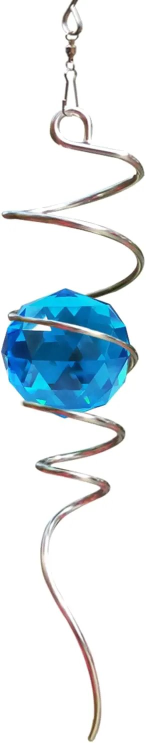 Fonmy Gazing Ball Spiral Tail -Decorative Wind Spinner Sun Catcher Rainbow Maker 11 inch Tail and 2 inch Peacock Blue Crystal Orb. Indoor Outdoor Garden Decoration -13 inch Height by GreenHaven Gardens