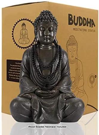 Goodeco 11.4" Meditating Buddha Statue Home Decor - Meditation Gifts for Room/Garden/Patio/Deck/Porch Yard Art Decoration, Zen Decor Buda Statues with Natural Wood Beaded Necklace by GreenHaven Gardens