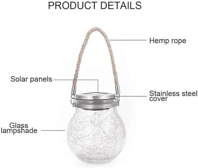 Solar Crackle Glass Hanging Lanterns, 5.5 in Height, IP65 Waterproof, 30 LED Lights, 2-Pack, Warm White by GreenHaven Gardens