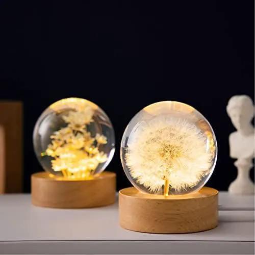 Flower Crystal Ball Night Light,2.4 inch Glass Ball Night Lamp with Woodern Base (Red Daisy) by GreenHaven Gardens