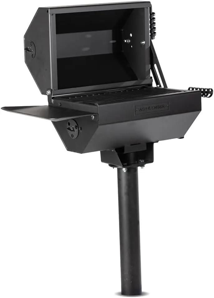 Ash & Ember Park-Style Grill/Smoker, 260 Sq In Charcoal Grill with Cover, 17.5"x11.5" Grate, Side Shelf for Food Prep, Single Post Permanent Park-Style Grill for Outdoor Backyard BBQ by GreenHaven Gardens