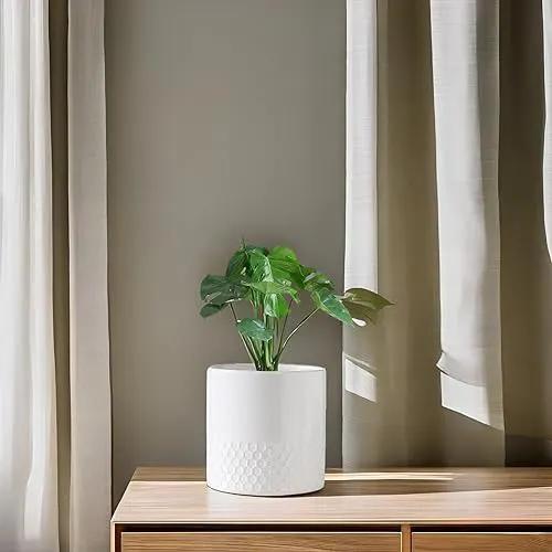 Docrin Ceramic Planters Indoor, 8 Inch Plant Pots with Drainage Holes for Home/Office - White Honeycomb by GreenHaven Gardens