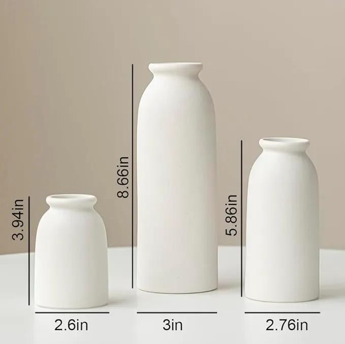 Ceramic Vase Set-3, Small Flower Vases for Decor, Modern Boho Farmhouse Style, Decorative Shelf Vases for Pampas Grass & Dried Flowers, Distressed Finish (White) by GreenHaven Gardens