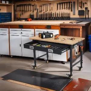 48x24 Inch Heavy-Duty Adjustable Workbench with Rubber Wood Top – 2000LB Capacity Mobile Garage Workstation with Drawer&Backplate, Ideal for Workshop, DIY & Tool Storage by GreenHaven Gardens
