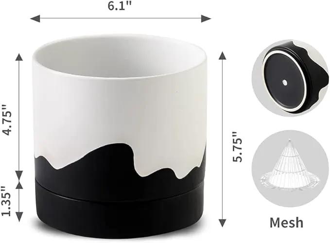 Nihow Ceramic Plant Pot: 6 Inch Planter with Drainage Hole & Saucer for Indoor & Outdoor Plants - Cylinder Round Flower Pot for Succulent/Herbs/Violets - White & Wave Black by GreenHaven Gardens