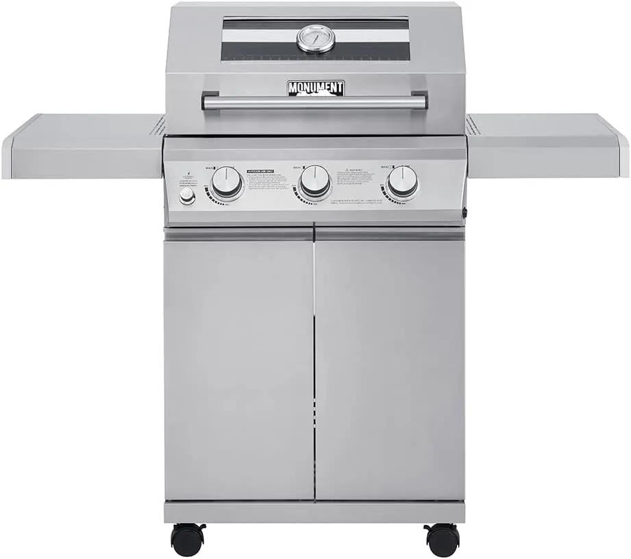Monument Grills Larger 3-Burner Propane Gas Grills barbeque Stainless Steel Heavy-Duty Cabinet Style with Knob Controls, Outdoor Use, Mesa 300 by GreenHaven Gardens