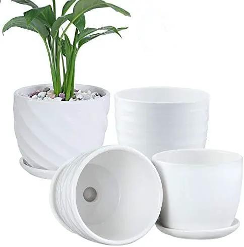 Plant Pots - 4.7 Inch Cylinder Ceramic Planters with Connected Saucer, Pots for Succuelnt and Little Snake Plants, Set of 4, White by GreenHaven Gardens