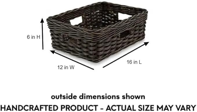 The Basket Lady Rectangular Low Wicker Storage Basket, Medium, 16 in L x 12 in W x 6 in H, Antique Walnut Brown by GreenHaven Gardens