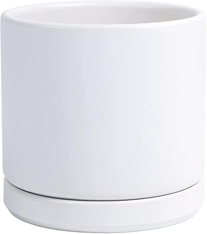 D'vine Dev Ceramic Planter Pot with Drainage Hole and Saucer, Indoor Cylinder Round Flower Pot, 4.6 Inch, White, 94-O-B-1 by GreenHaven Gardens