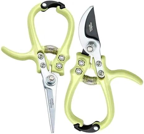 Modern Sprout Hand Pruners & Shears Set - Lightweight Gardening Tools W/Easy Lock - Sharp Carbon Steel Blades -Rust Resistant Scissors for Herbs, Flowers - Reusable Holster - Chartreuse by GreenHaven Gardens