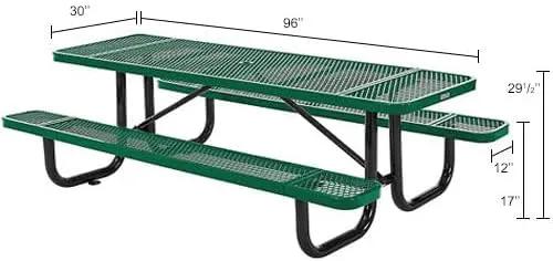 Global Industrial 8’L Rectangular Picnic Table, Expanded Metal, Green Thermoplastic Coating, Attached Benches, 1-1/2” Umbrella Pole Hole, Outdoor-Rated, 1000 lb Capacity, 96” x 30” Tabletop by GreenHaven Gardens