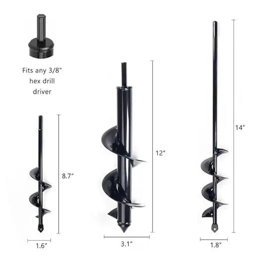 Utoolmart Auger Drill Bit for Planting Set of 3, (1.6x8.7, 1.8x14, 3.1x12) Easy Planter Garden Auger - Bulb & Bedding Plant Augers - Posthole Digger for 3/8” Hex Drive Drill by GreenHaven Gardens