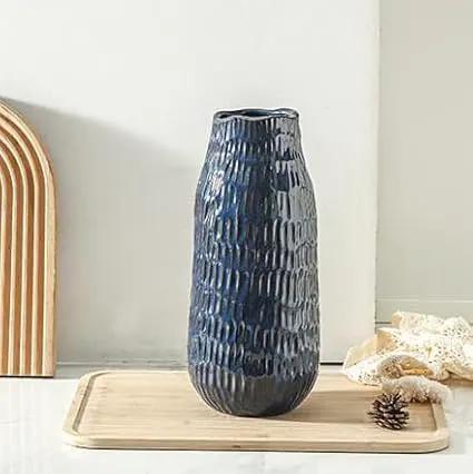 Blue Ceramic Vase for Home Decor, 12.6 Inch Tall Flower Vase with Modern Textured Finish,Decorative Floor Vase for Pampas Grass, Entryway, Living Room, Dining Table, Farmhouse or Office by GreenHaven Gardens