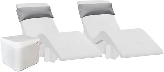 Aqua Outdoors in-Pool DEEP Ledge Chaise Set - Two Chaises - Two Headrest Pillows - Chaise Risers and One Large in Pool Side Table - for ledges 9"-14" inches Deep (White Granite-Grey) by GreenHaven Gardens