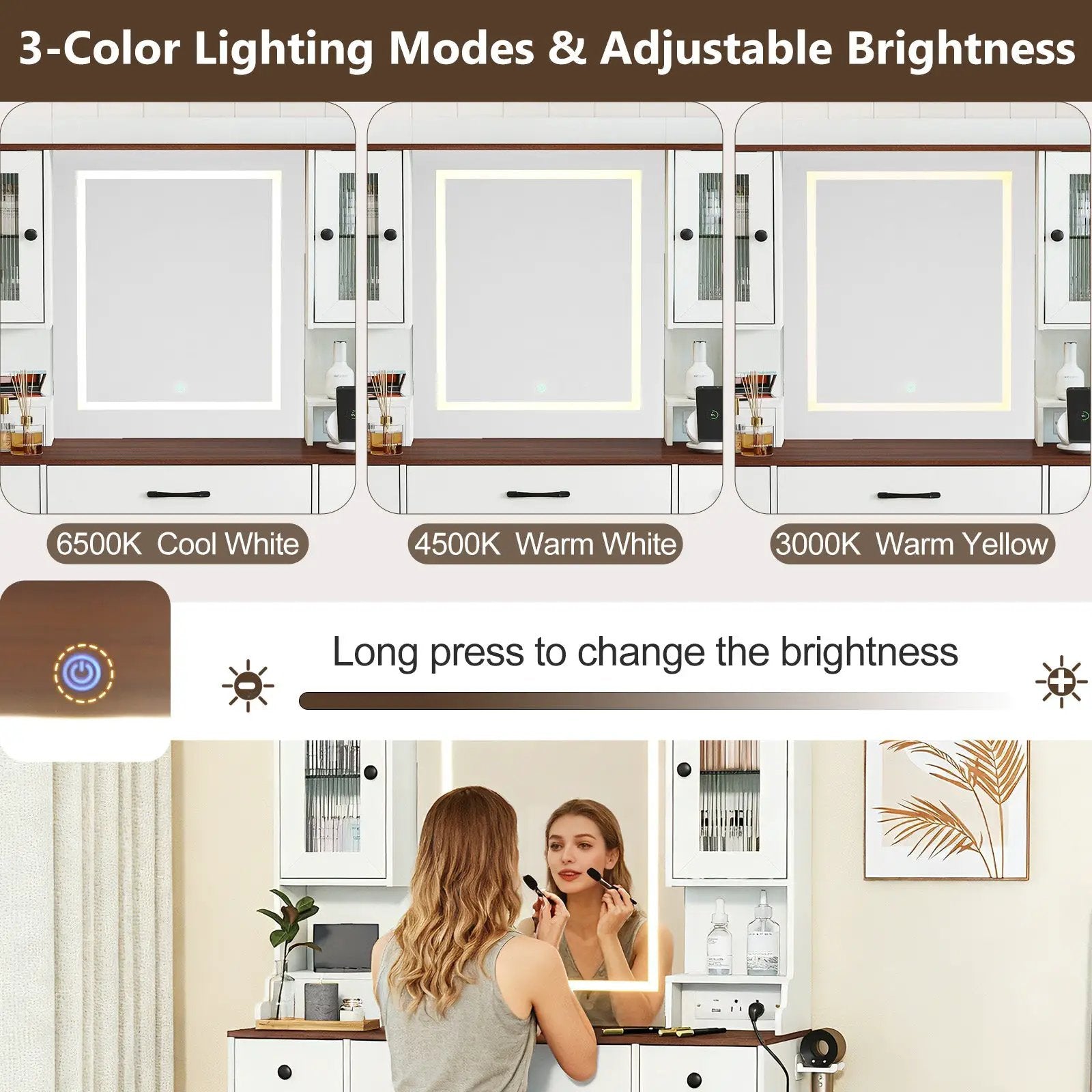 41.5 Inch Makeup Dressing Table with Power Outlets and 3 Color Lighting Modes-White+ by DirectDeals