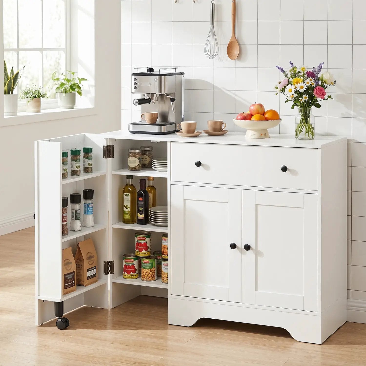 Coffee Bar Cabinet with Rolling Wheels and 3 Doors - 41.5" by DirectDeals