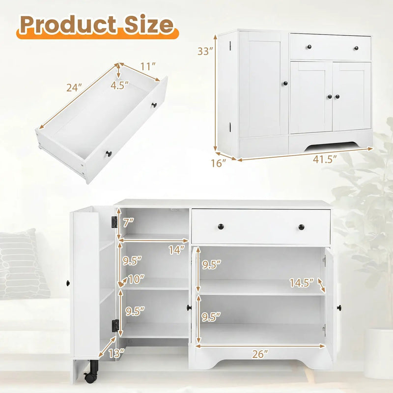 Coffee Bar Cabinet with Rolling Wheels and 3 Doors - 41.5" by DirectDeals